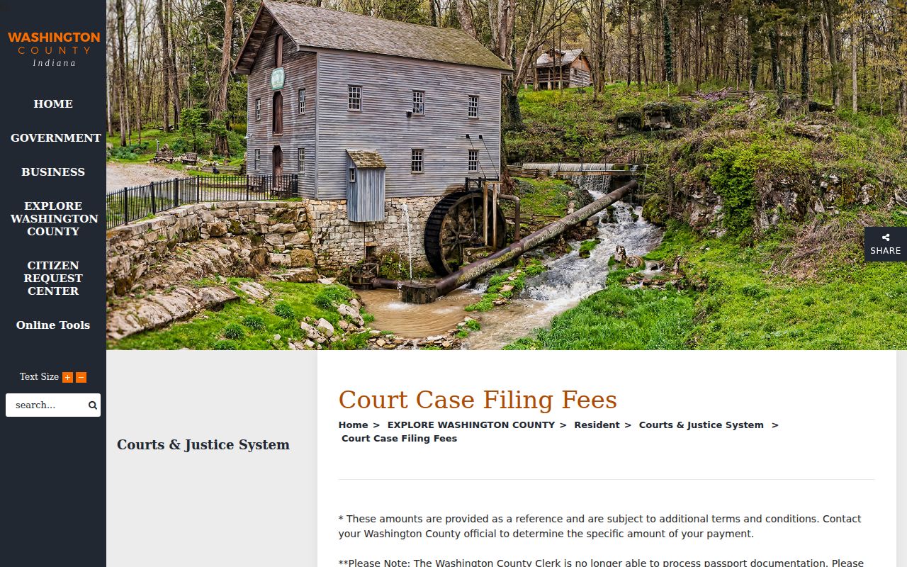 Washington County court case filing fee page