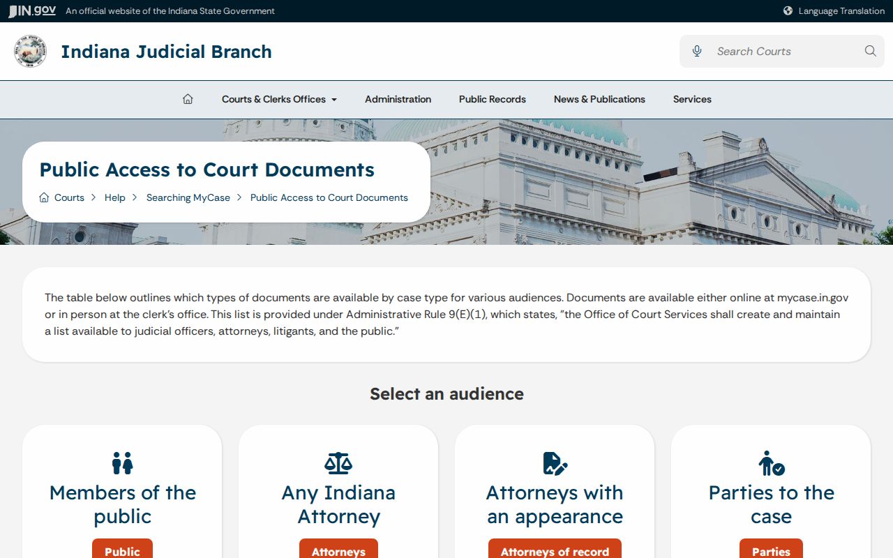 MyCase public document matrix for Washington County civil records