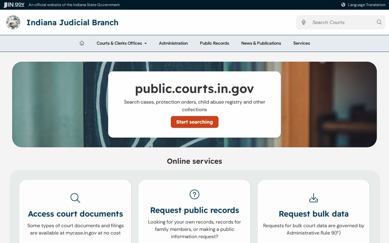 Indiana public court records page for Washington County civil files