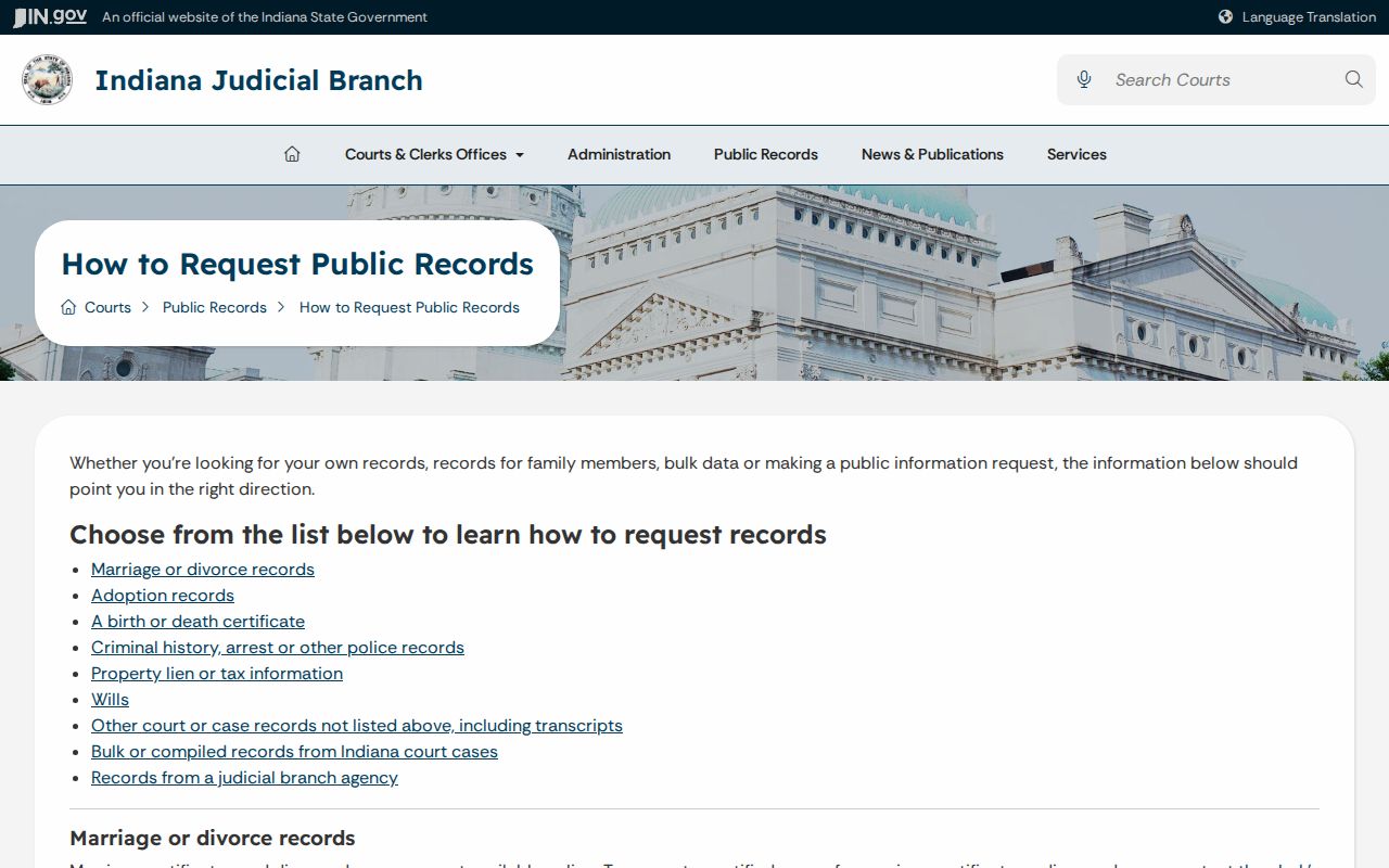 Indiana instructions for requesting Washington County civil court records