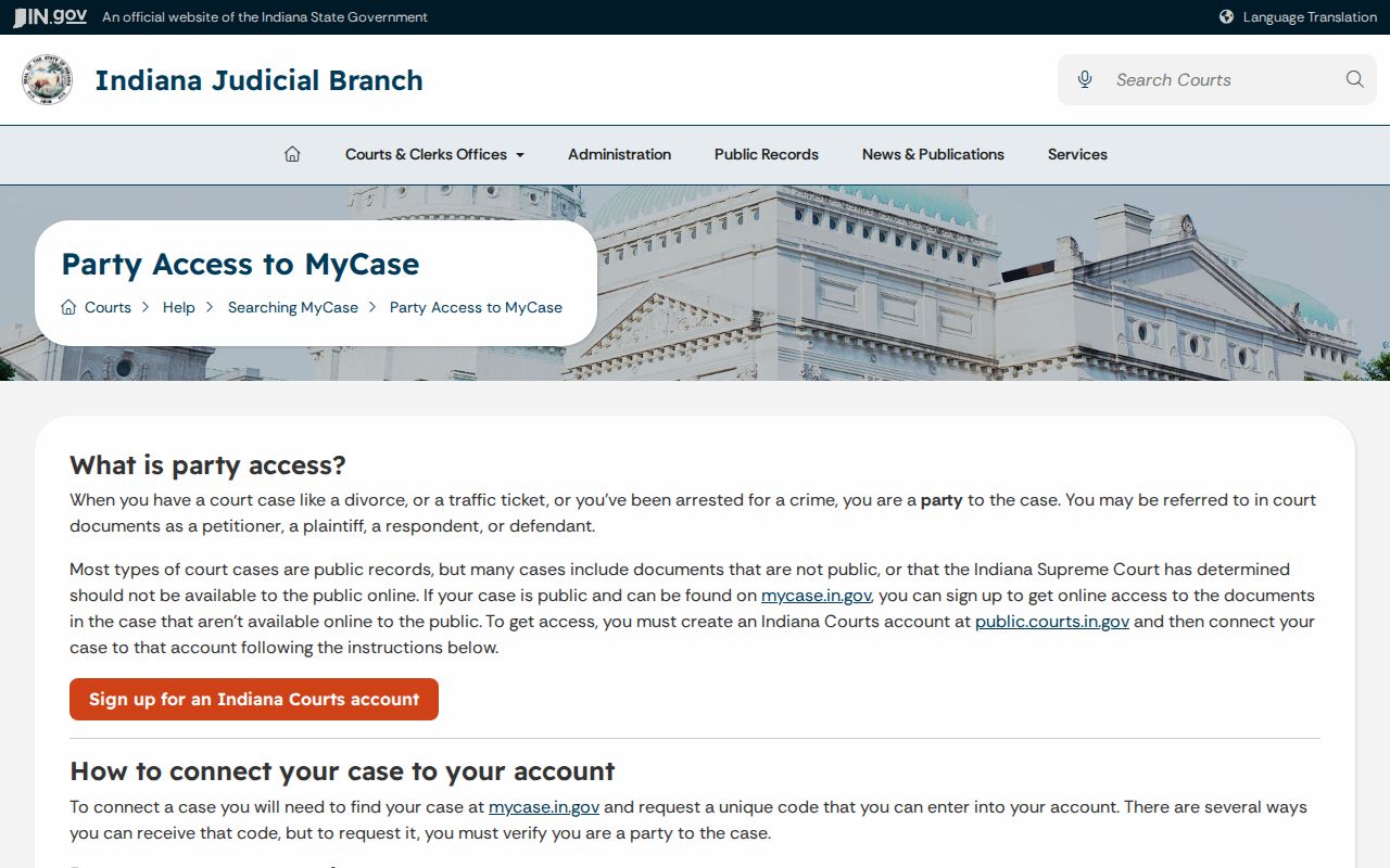 Indiana MyCase party access information for a Washington County civil case