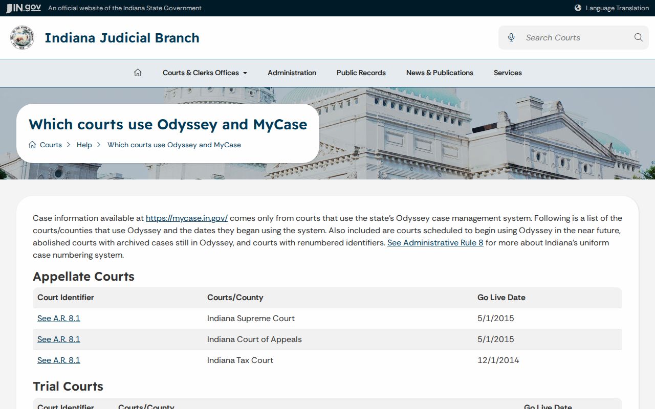 Indiana Odyssey court system information relevant to Washington County