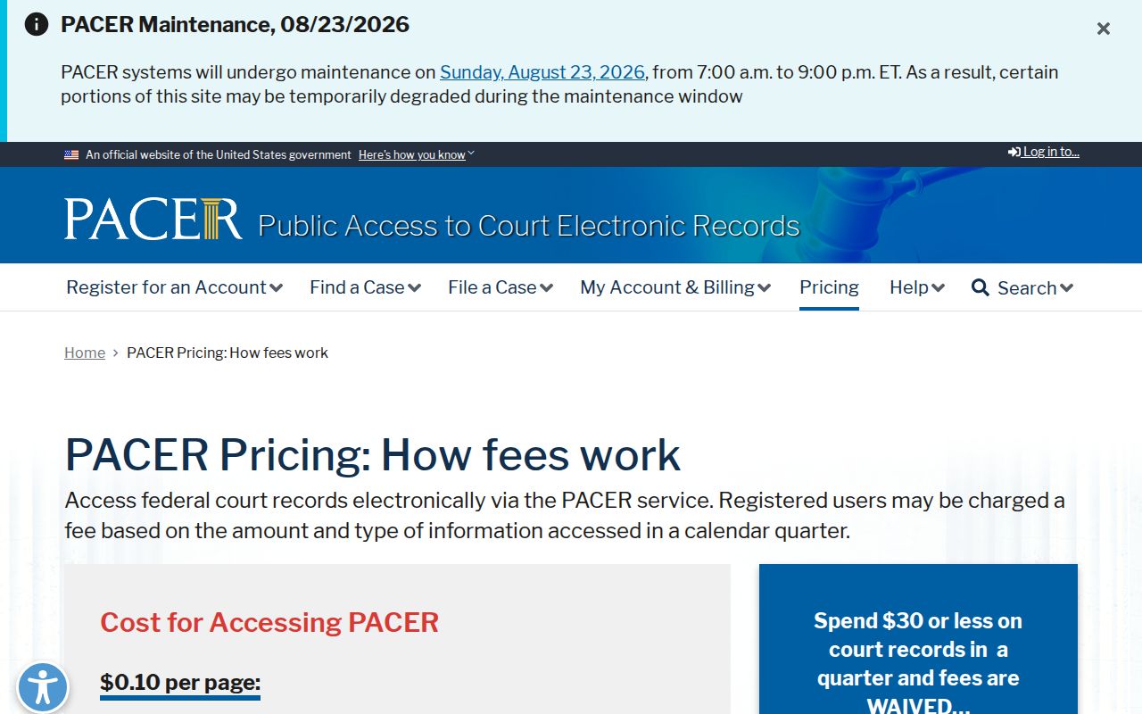 New Pekin court docket PACER pricing